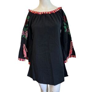 Small Oversized Boho Tunic Blouse Floral Embroidery Fringe Festive Tassel NWT